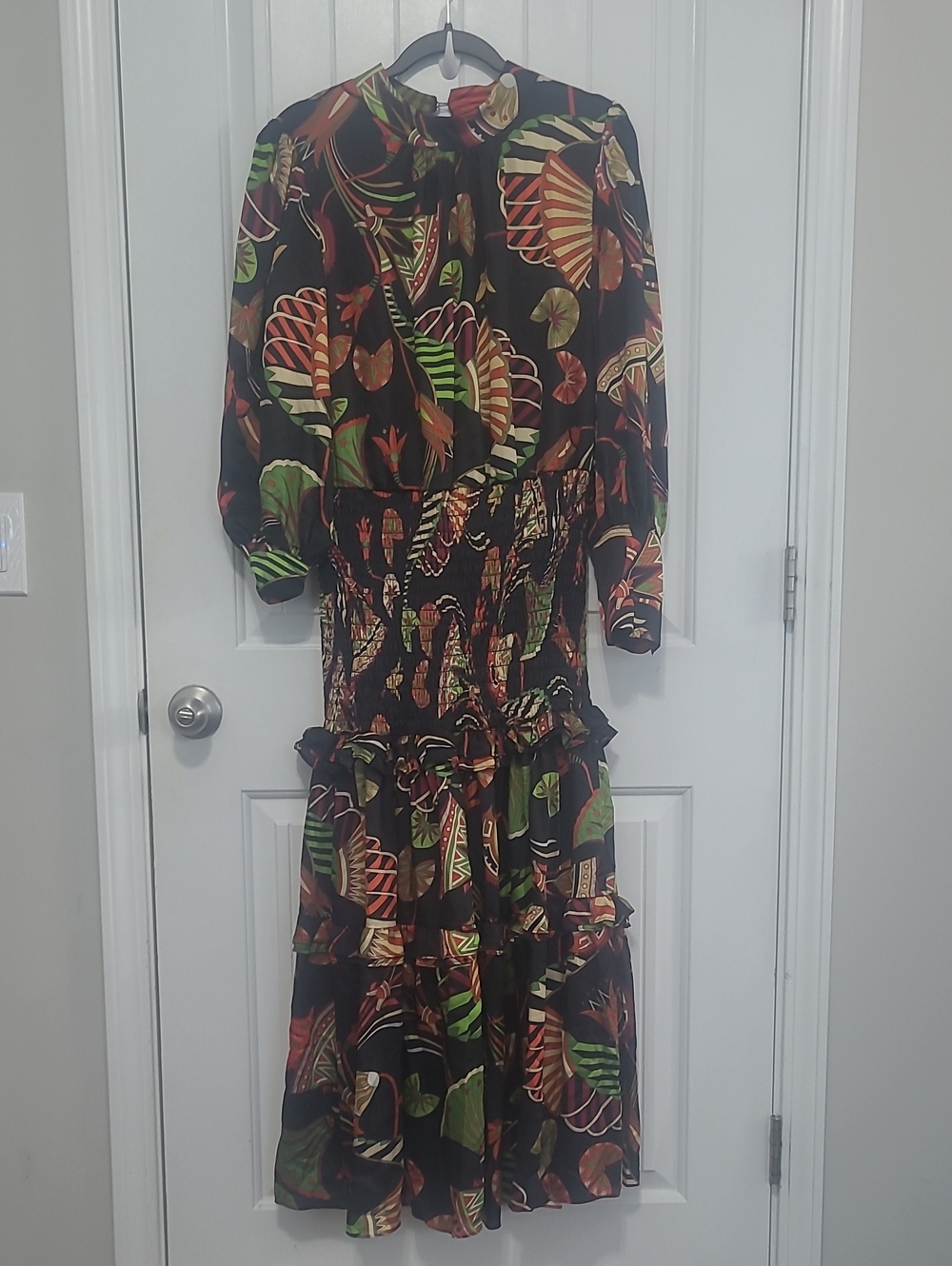 Black Tropical Print Maxi Dress with Ruffle Hem